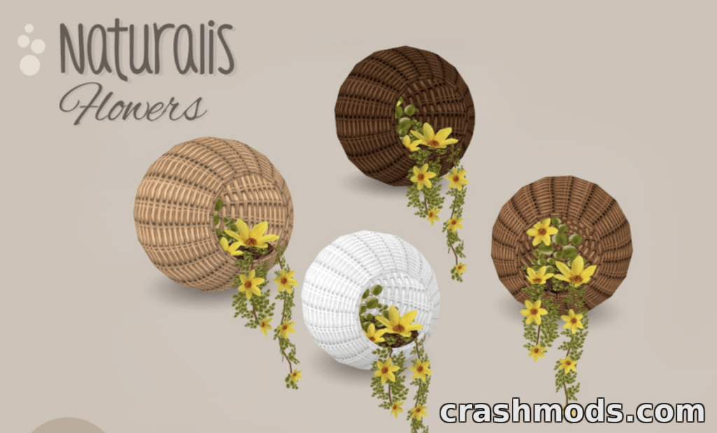 Decorative flower arrangements in various woven baskets from the "Naturalis Flowers-12" mod for The Sims 4.