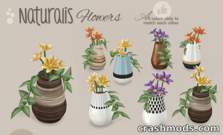Colorful flower arrangements in various stylish vases from the "Naturalis Flowers- 13" mod for The Sims 4.
