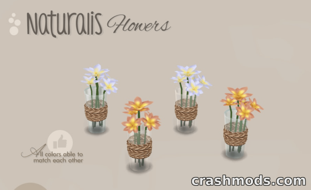 Colorful flower pots from the "Naturalis Flowers 14" mod for The Sims 4, showcasing vibrant floral designs.