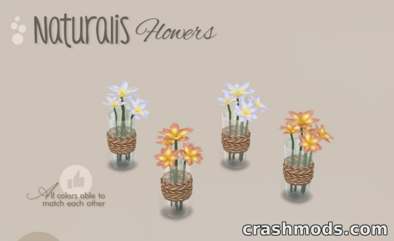 Colorful flower pots from the "Naturalis Flowers 14" mod for The Sims 4, showcasing vibrant floral designs.