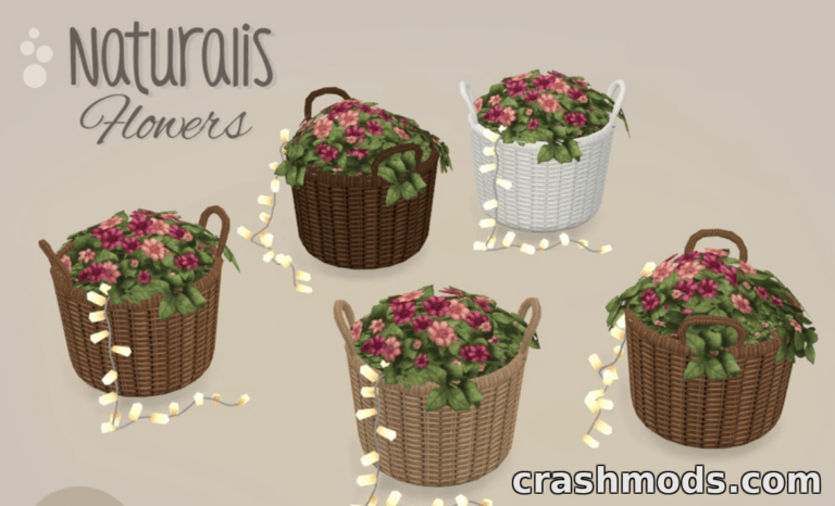 Five decorative basket lamps with flowers and fairy lights from the "Naturalis Flowers" mod for The Sims 4.