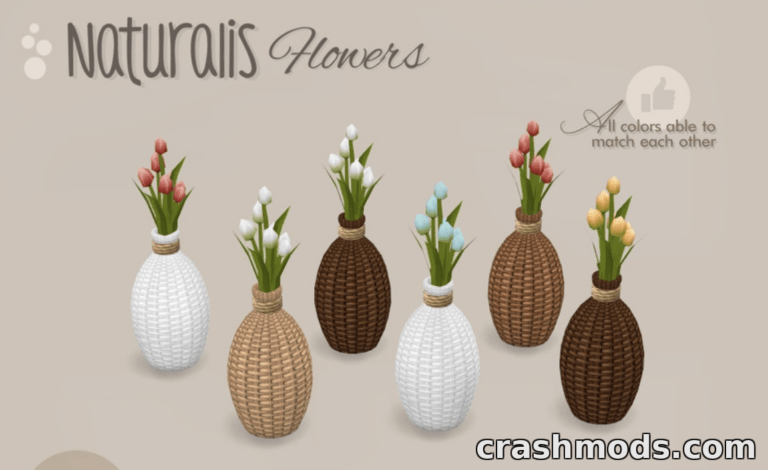 Colorful tulip arrangements in stylish vases, showcasing the "Naturalis Flowers" mod for The Sims 4.