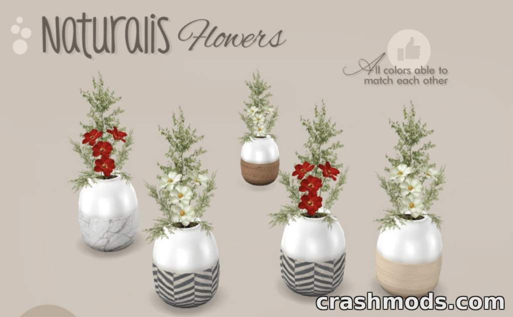 Colorful potted flowers from the "Naturalis Flowers- 9" mod for The Sims 4, featuring various stylish planters.