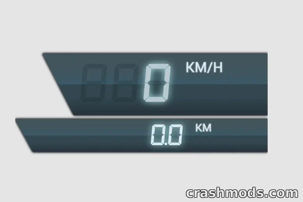 Speedometer UI from the "Need for Speed UI SpeedMeter Pack" mod for BeamNG.drive, displaying 0 KM/H and 0 KM.