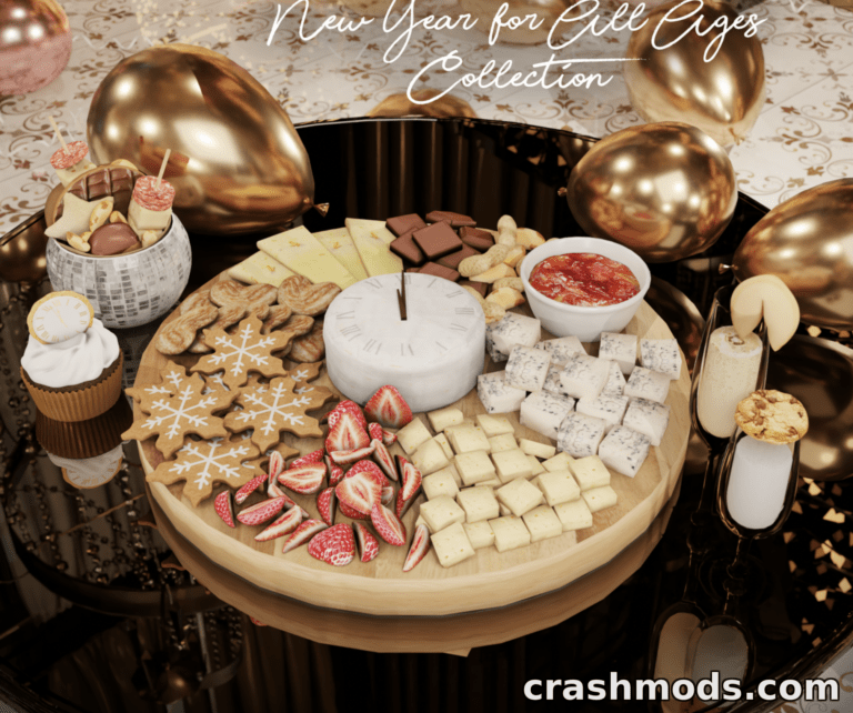 A festive platter featuring a variety of New Year treats, including cookies, chocolates, and fruits for The Sims 4 mod.