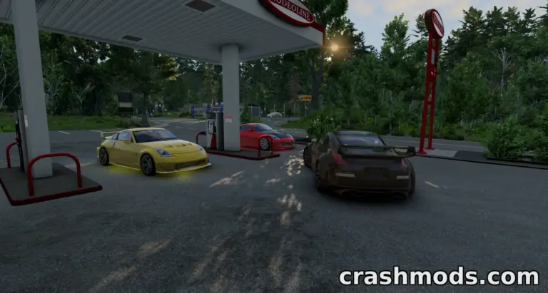 Three cars, including a yellow Nissan 350Z, refuel at a gas station in a lush, green environment in BeamNG.drive.