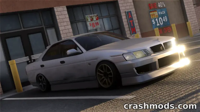 Nissan Laurel C35 parked outside a store in BeamNG.drive, showcasing its sleek design and modified stance.