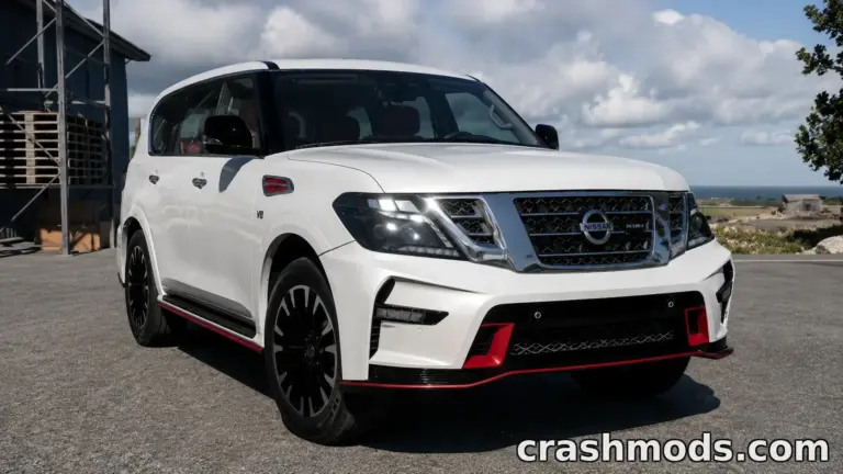 Nissan Patrol Nismo UAE4 2018 showcased in BeamNG.drive, featuring a sleek white design and sporty accents.