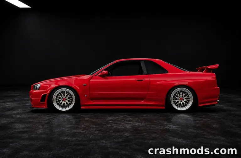 A sleek red Nissan Skyline R34 showcases its modified design in a dark studio setting for BeamNG.drive.