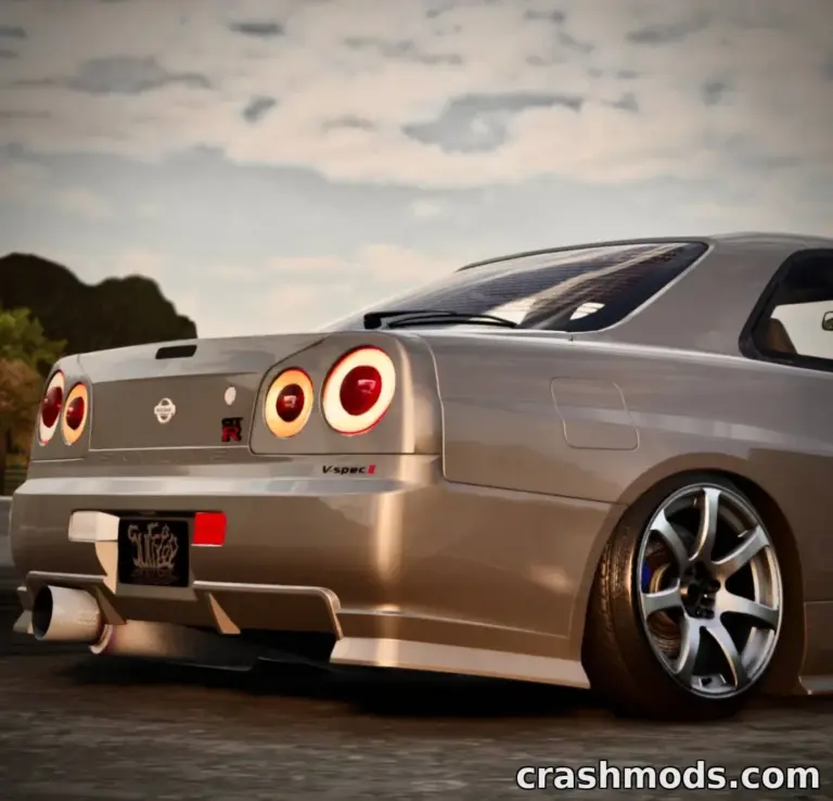 Nissan Skyline R34 V-Spec II showcased in BeamNG.drive, highlighting its sleek rear design and custom modifications.