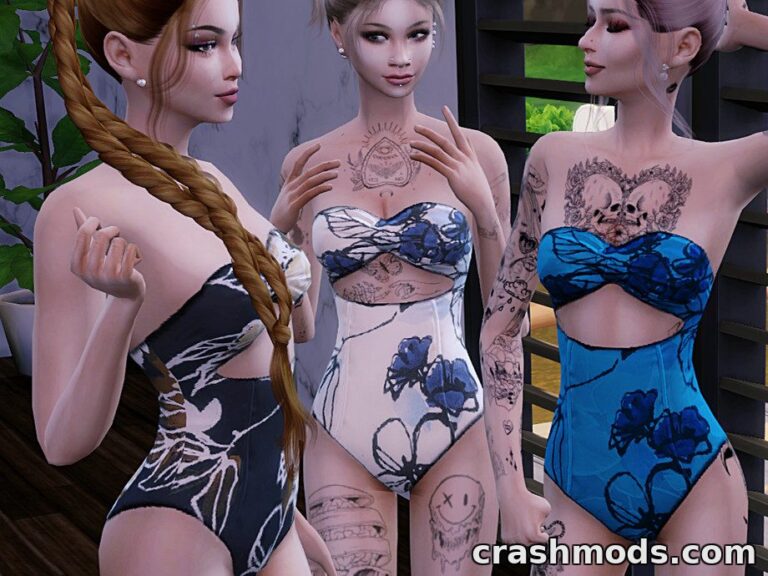 Three Sims showcase the "Ocean Breeze Swimsuit" mod, featuring floral designs in blue and black.