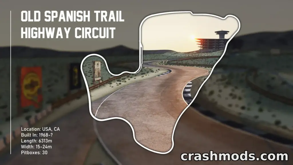 Detailed map of the Old Spanish Trail Highway Circuit in Assetto Corsa, showcasing its winding track layout.
