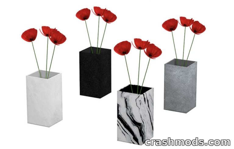 Four elegant vases in different styles showcase vibrant red poppy flowers, enhancing any Sims 4 interior.