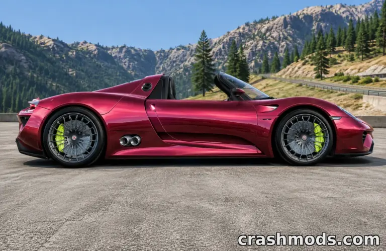 Sleek Porsche 918 Spyder 4.6L V8 Hybrid Concept 2011 showcased in a scenic mountain backdrop in BeamNG.drive.