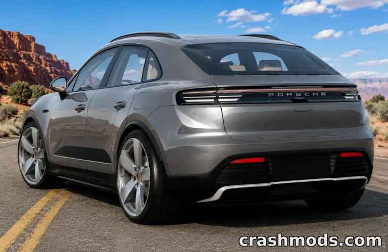 Porsche Macan Turbo 2026 showcased in BeamNG.drive, featuring sleek design and dynamic road setting.