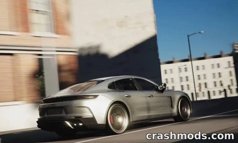 Porsche Panamera Turbo 2024 speeding through a city street in Assetto Corsa, showcasing sleek design and dynamic motion.