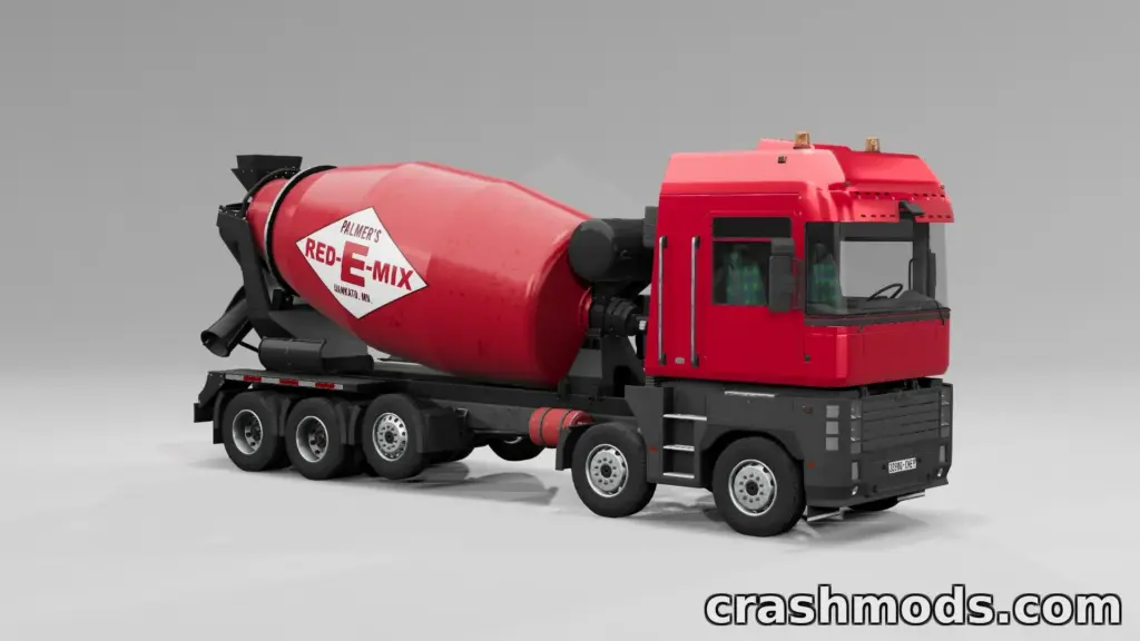 Red concrete mixer truck from the "Potent EU Mixer" mod for BeamNG.drive, showcasing detailed design and vibrant colors.