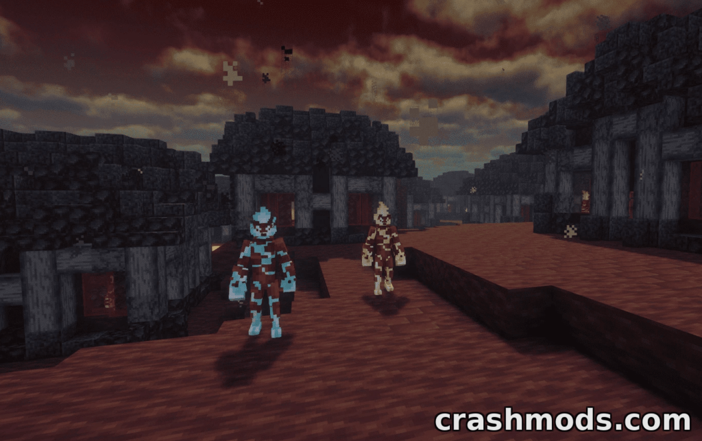 Two characters explore a fiery, alien landscape in the "Primus: AlienEvo AddonPack" for Minecraft.