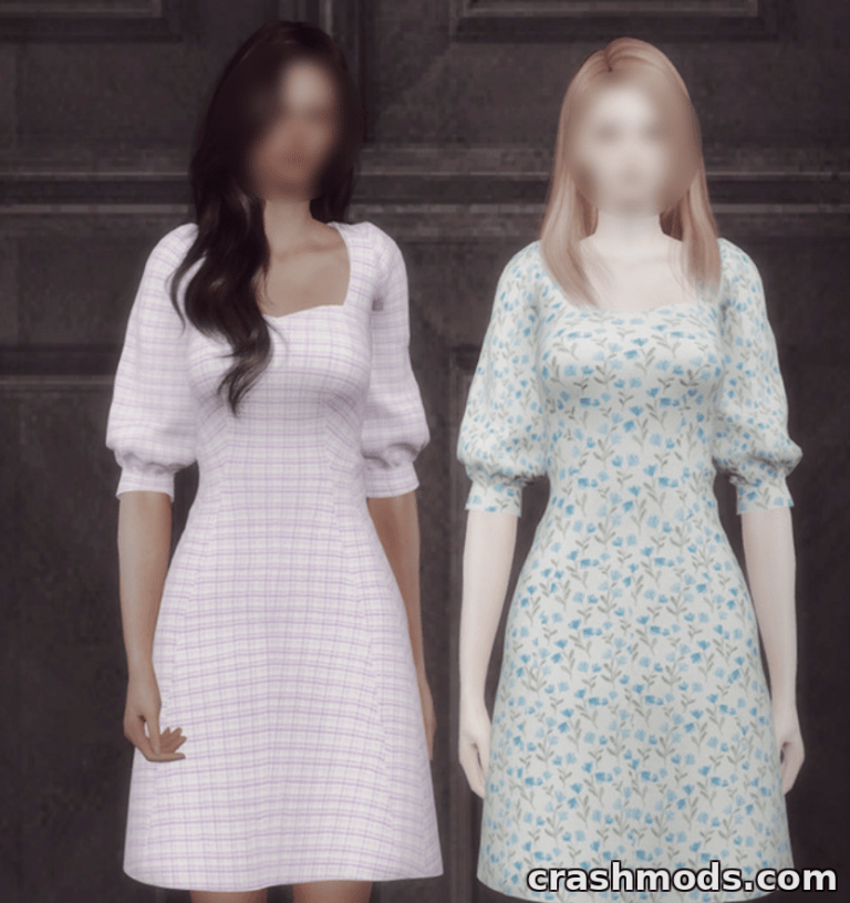 Two Sims showcase the "Printed Puff Sleeve Dress" mod, featuring distinct floral and checkered patterns.