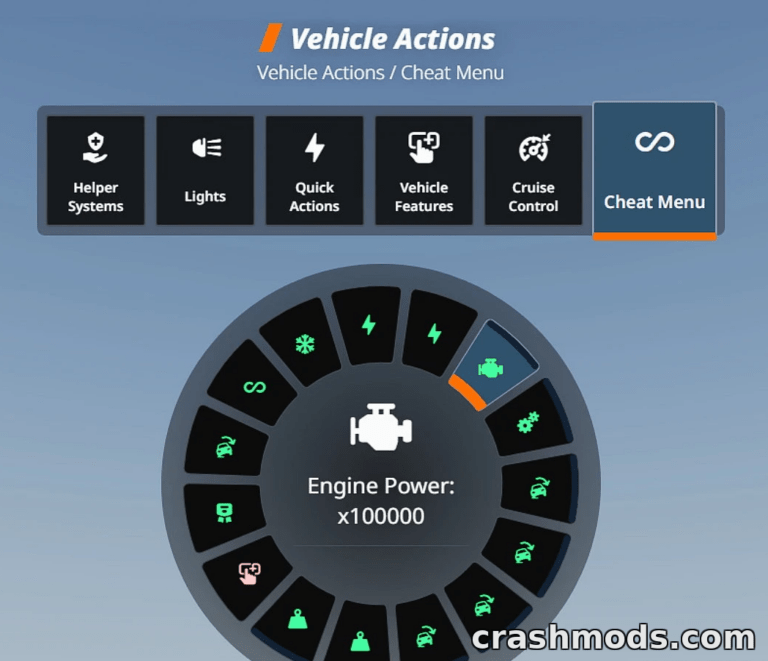 Radial Cheat Menu interface for BeamNG.drive, showcasing vehicle actions and engine power adjustments.