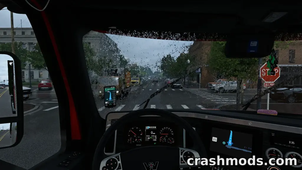 Rain-soaked windshield view from a truck cab, showcasing the realistic weather effects in American Truck Simulator.