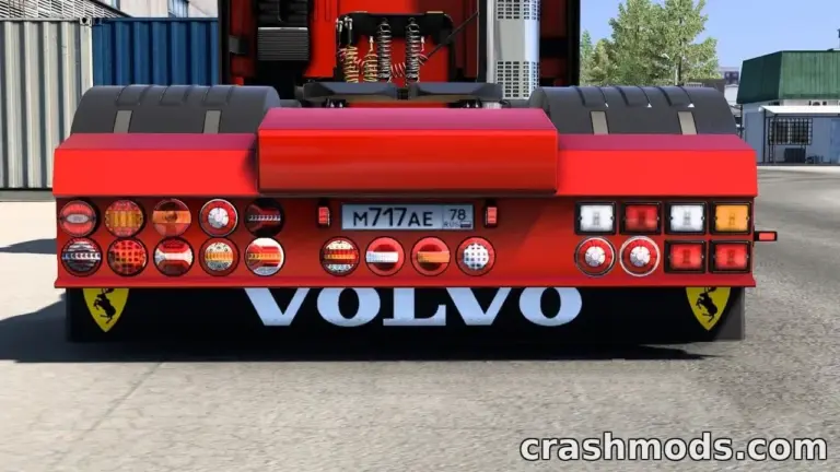 Rear view of a red Volvo truck showcasing the "Rear Lights Pack" mod in Euro Truck Simulator 2, highlighting vibrant tail lights.