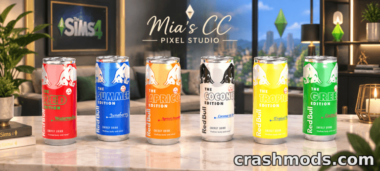 Colorful Red Bull-themed drink cans displayed in a modern Sims 4 setting, showcasing the "Red Bull Editions CC" mod.