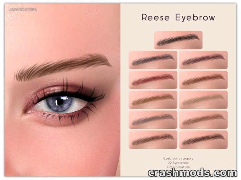 Showcases the "Reese Eyebrow" mod for The Sims 4, featuring 22 stylish eyebrow swatches for customization.