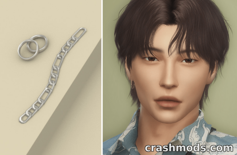 Stylish Regal Earrings for male Sims, featuring a sleek chain design and a close-up of a Sim wearing them.