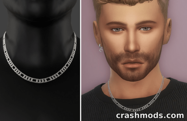 A detailed close-up of a male Sim wearing the Regal Necklace mod, showcasing its sleek design and shine.