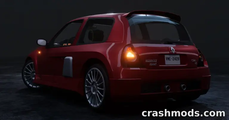 Red Renault Clio MK2 V6 showcased in a sleek, dark environment, highlighting its sporty design and modifications.