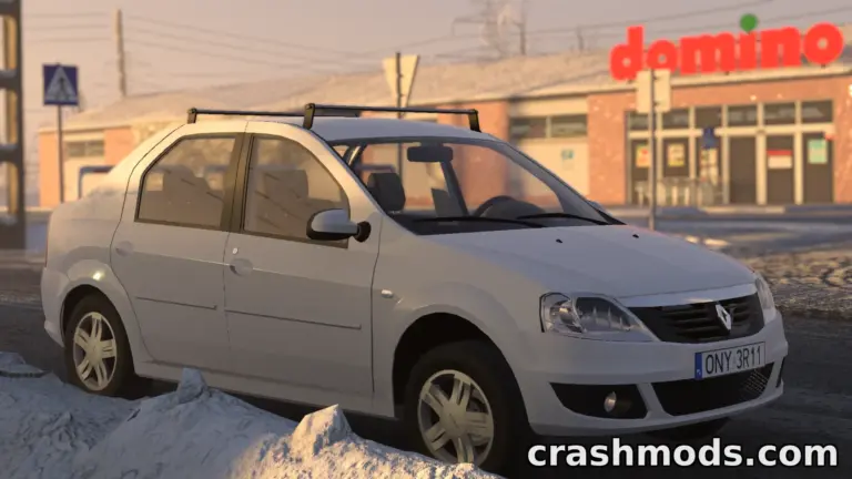 Renault/Dacia Logan MK1 parked in a snowy environment, showcasing detailed modding features for BeamNG.drive.