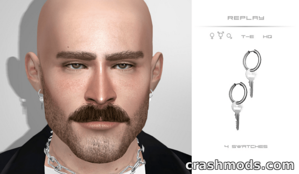 Close-up of a male Sim with a mustache, showcasing the "Replay" mod's key accessory options in The Sims 4.