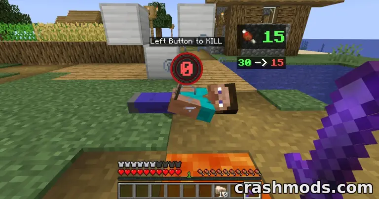 A player lies on the ground in Minecraft, with a revival interface displaying health and action options.