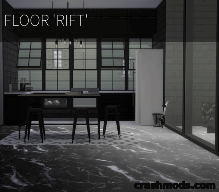 Modern kitchen featuring the "Rift" floor mod for The Sims 4, showcasing sleek black and white marble patterns.