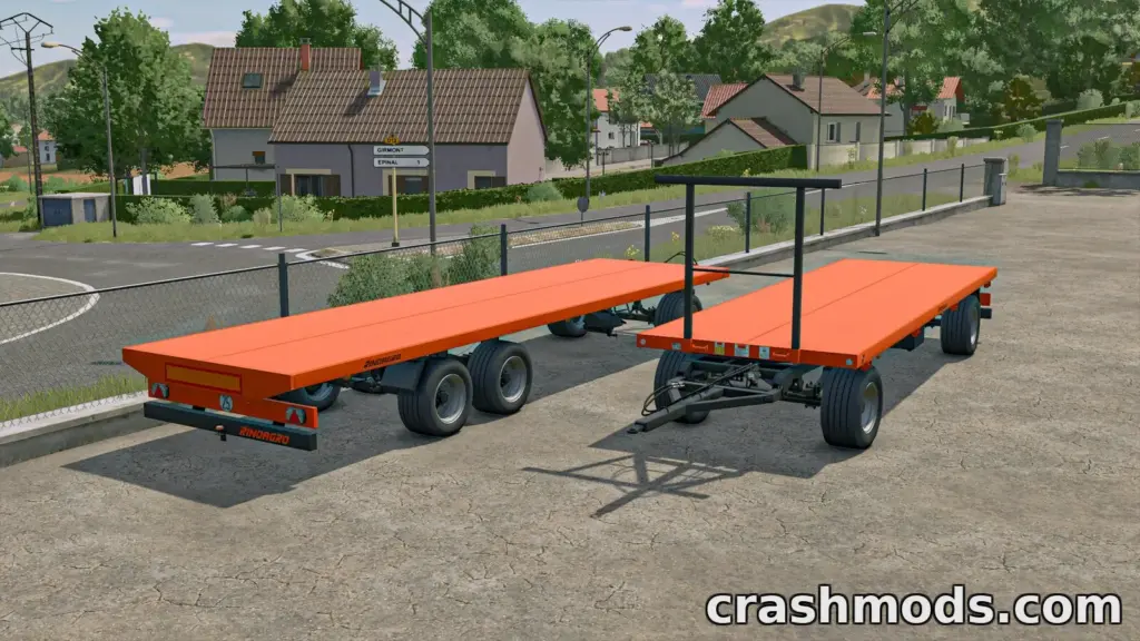 Two orange flatbed trailers from the "Rinoagro Platforms Pack" for Farming Simulator 25, parked side by side.