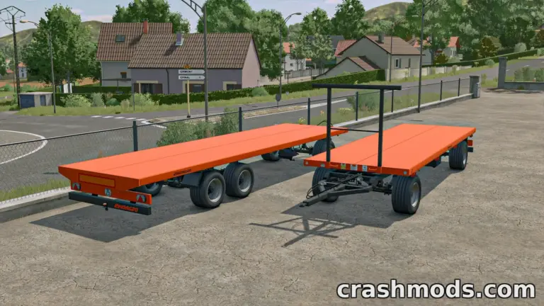 Two orange flatbed trailers from the "Rinoagro Platforms Pack" for Farming Simulator 25, parked side by side.