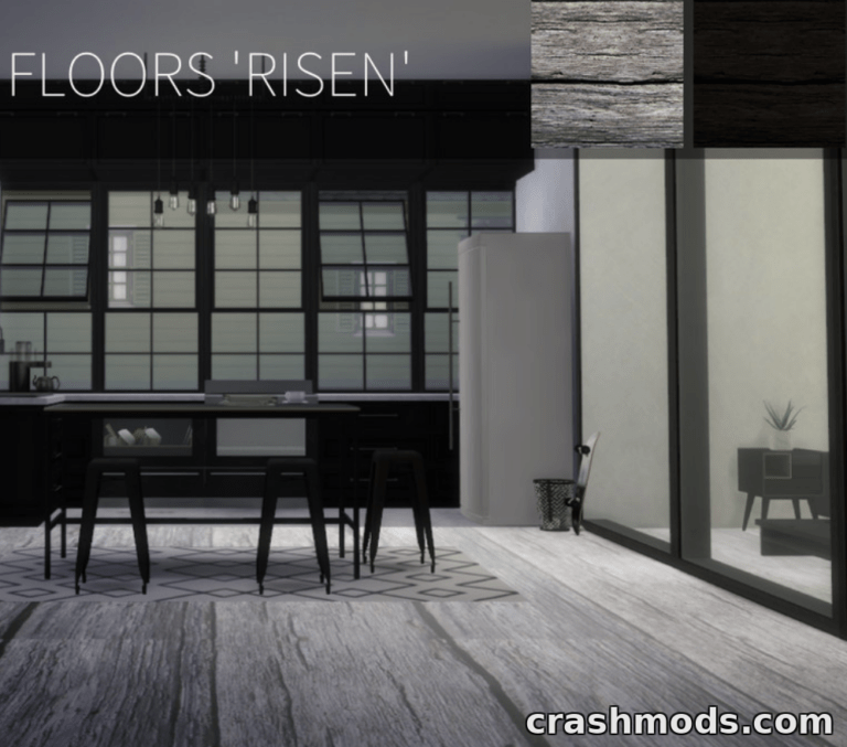 Modern kitchen featuring the "Risen" floor mod for The Sims 4, showcasing sleek wood textures and minimalist design.