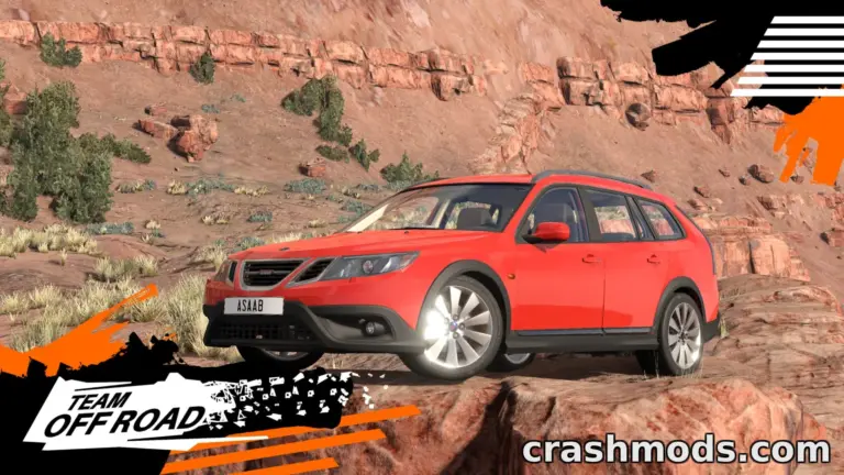 Red Saab 9-3 off-road vehicle parked on rocky terrain, showcasing its rugged design and mod features in BeamNG.drive.
