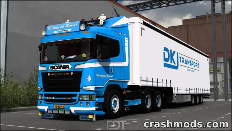 Scania R520 truck mod for Euro Truck Simulator 2, featuring a blue and white design with a trailer.