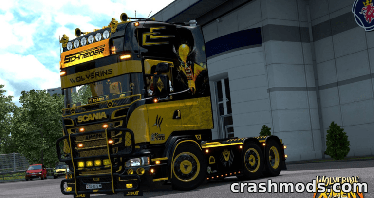 Custom Scania V8K R520 Wolverine truck showcasing a striking black and yellow design, parked outside a modern building.