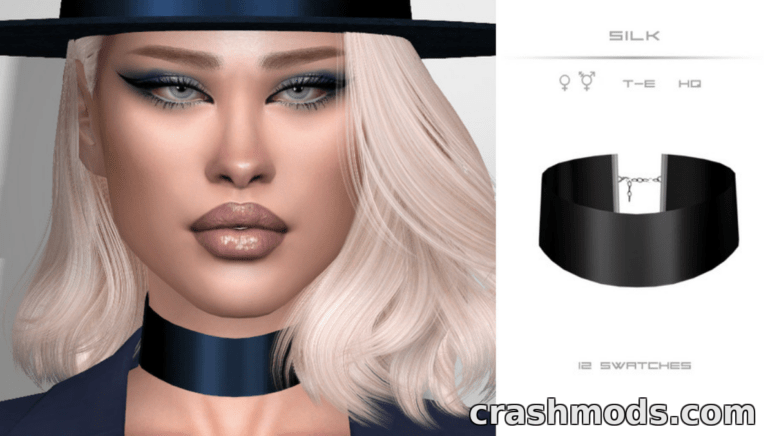 Close-up of a Sims 4 character showcasing the "Silk" mod, featuring stylish makeup and a sleek choker accessory.
