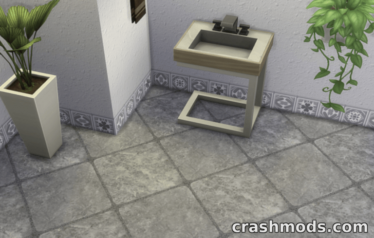 Stylish silver marble floor with a modern sink and decorative plants in a Sims 4 bathroom setting.