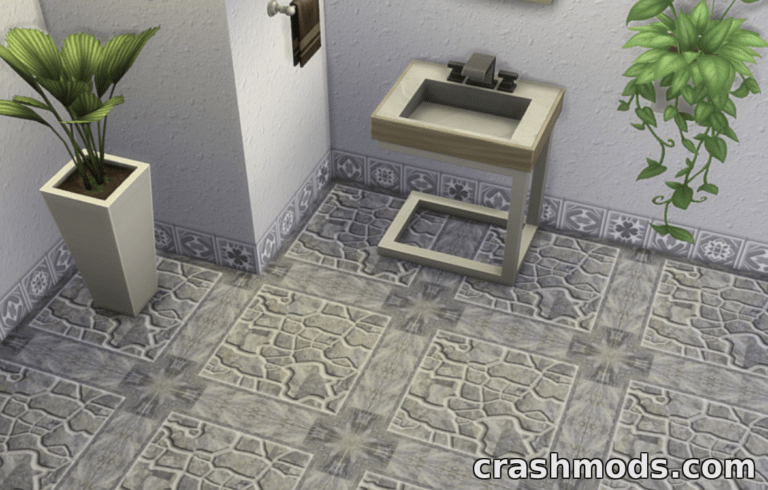 Stylish bathroom featuring the "Silver Marble floor3" mod for The Sims 4, showcasing intricate stone patterns.