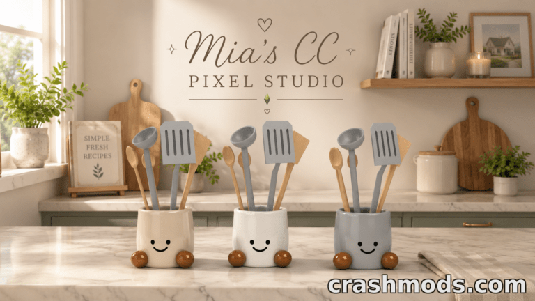 Three cute utensil holders with smiling faces, featuring various kitchen tools, set in a cozy kitchen environment.