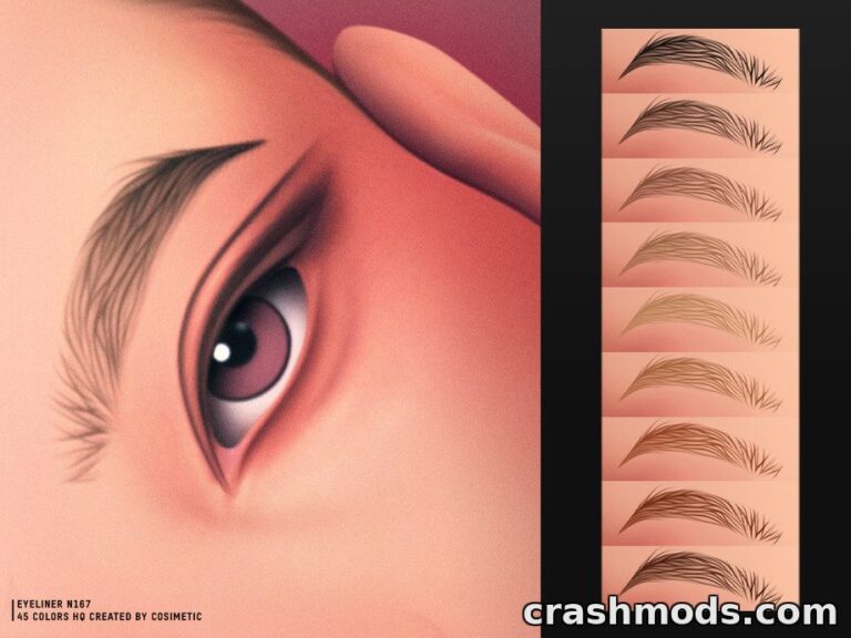 Close-up of a Sims 4 character's eye featuring the "Soft Lift Eyebrows N167" mod with various eyebrow styles.