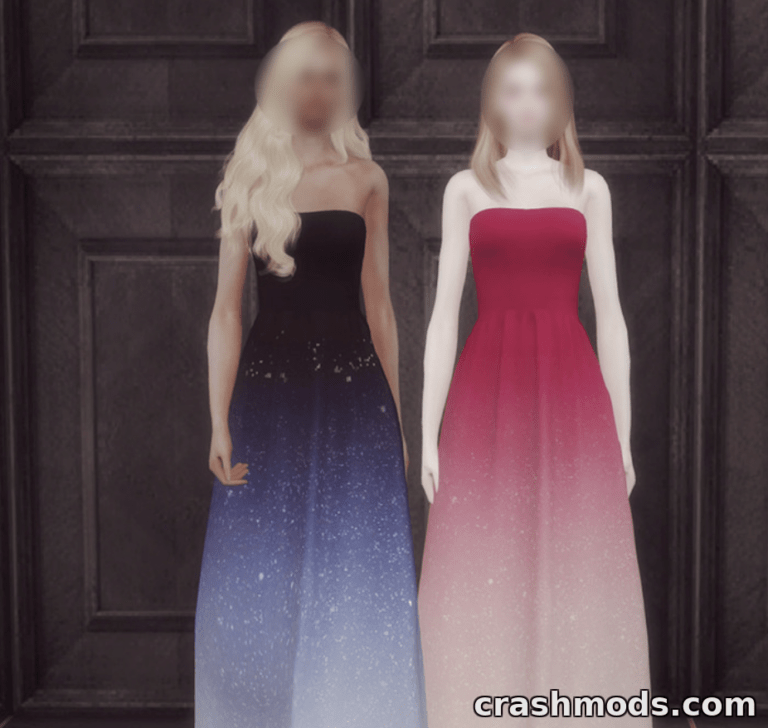 Two Sims showcase elegant evening dresses with gradient designs, featuring a starry pattern in dark and light shades.