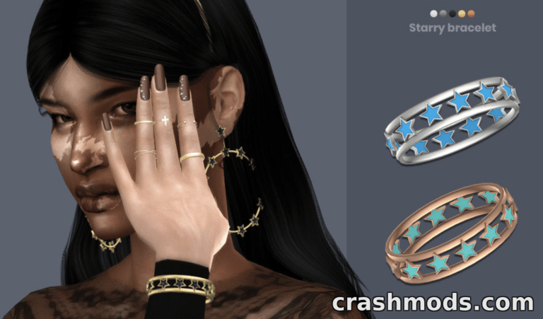 A Sims 4 character showcases the "Starry bracelet" mod, featuring stylish star-adorned bangles in silver and gold.