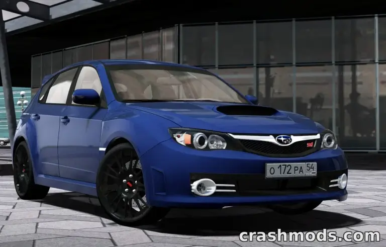 A blue 2008 Subaru Impreza WRX STi parked in a modern urban setting, showcasing its sleek design and sporty features.