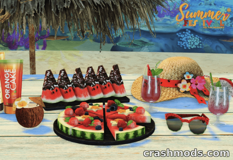 Colorful summer decor featuring fruit platters, drinks, and accessories for a festive vibe in The Sims 4.